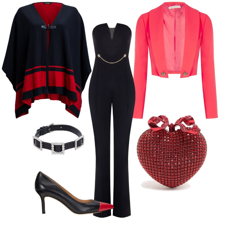 Outfit donna - Cuore in primo piano a San Valentino. Stile Glamour per Serata fuori. Abbinamento con tute, bolero, décolleté, cappotti, pochette, collane.