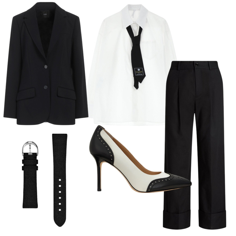 Outfit donna - Maschile femminile. Stile Mannish per Ufficio. Abbinamento con blazer, camicie, décolleté, pantaloni, orologi.