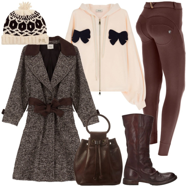 Outfit donna - Total look color cioccolato. Stile Trendy per Tutti i giorni. Abbinamento con stivali, pantaloni skinny, felpe con cappuccio, cappotti, borse a secchiello, berretti.
