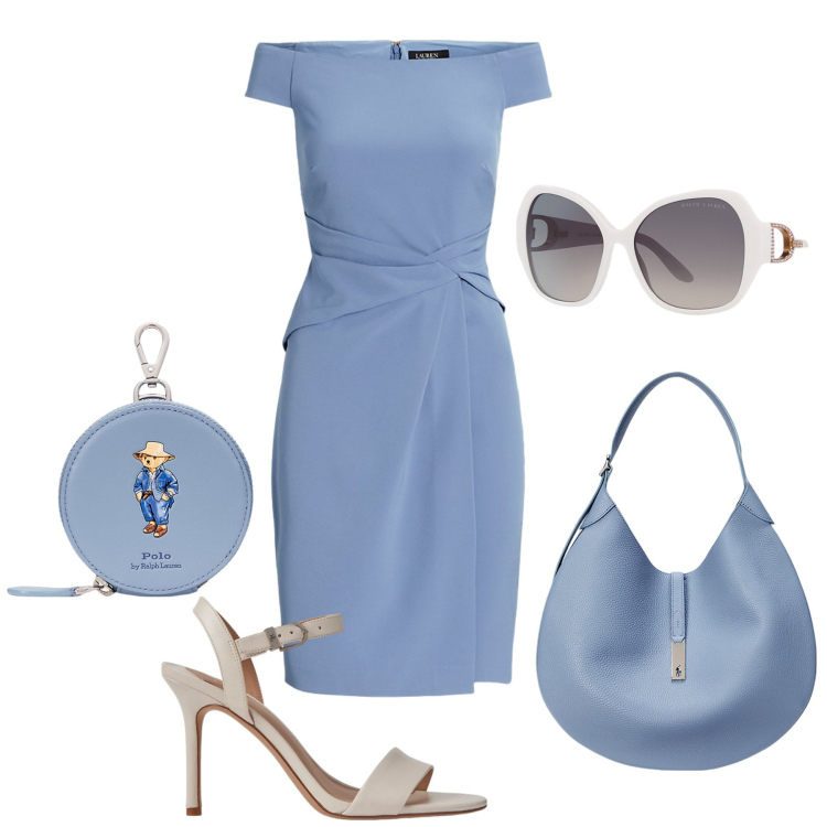 Outfit donna - Lady Ralph Lauren. Stile Bon Ton per Tutti i giorni. Abbinamento con occhiali da sole, portamonete, vestiti, sandali in pelle, borse a spalla.