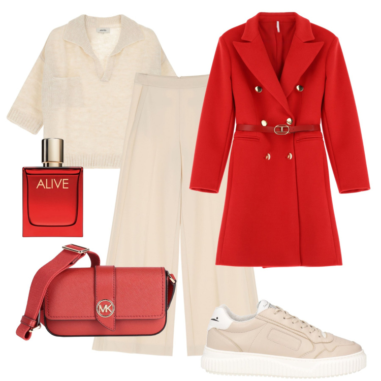 Outfit donna - Il cappotto rosso H24. Stile Casual chic per Tutti i giorni. Abbinamento con borse a tracolla, sneakers, profumi, cappotti, pantaloni a palazzo, maglieria.