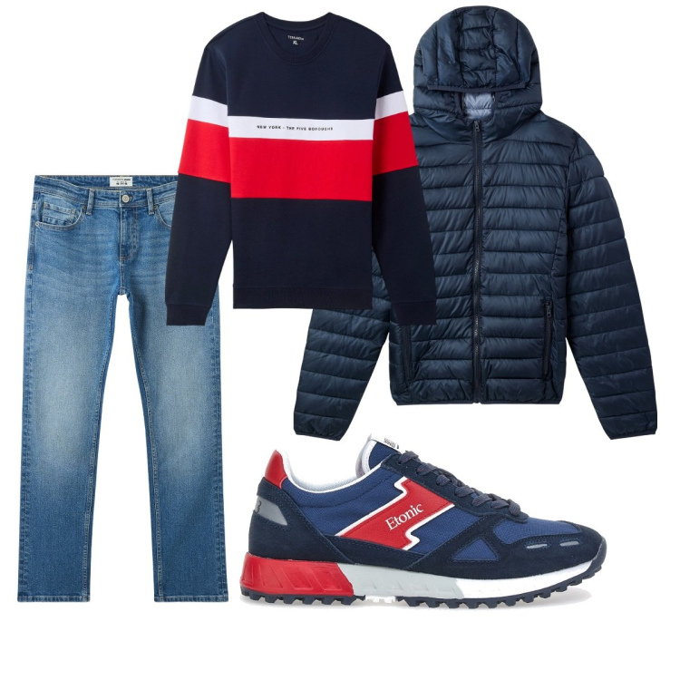 Outfit uomo - Total look #2058332. Stile Casual per Tutti i giorni. Abbinamento con jeans, piumini, felpe con cappuccio, sneakers.