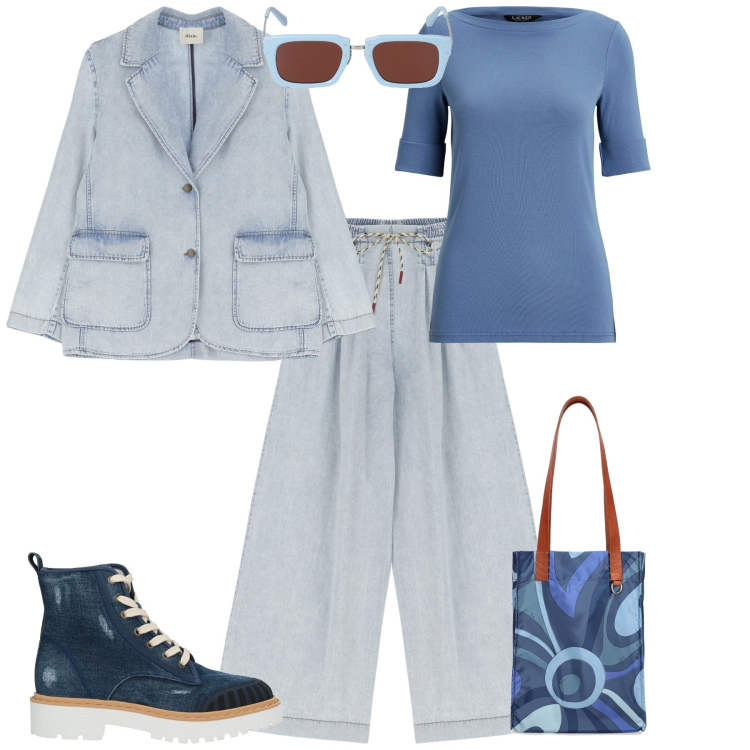 Outfit donna - Primavera 2025. Stile Sporty chic per Tutti i giorni. Abbinamento con stivaletti, blazer, jeans, t-shirt, shopping bag, occhiali da sole.