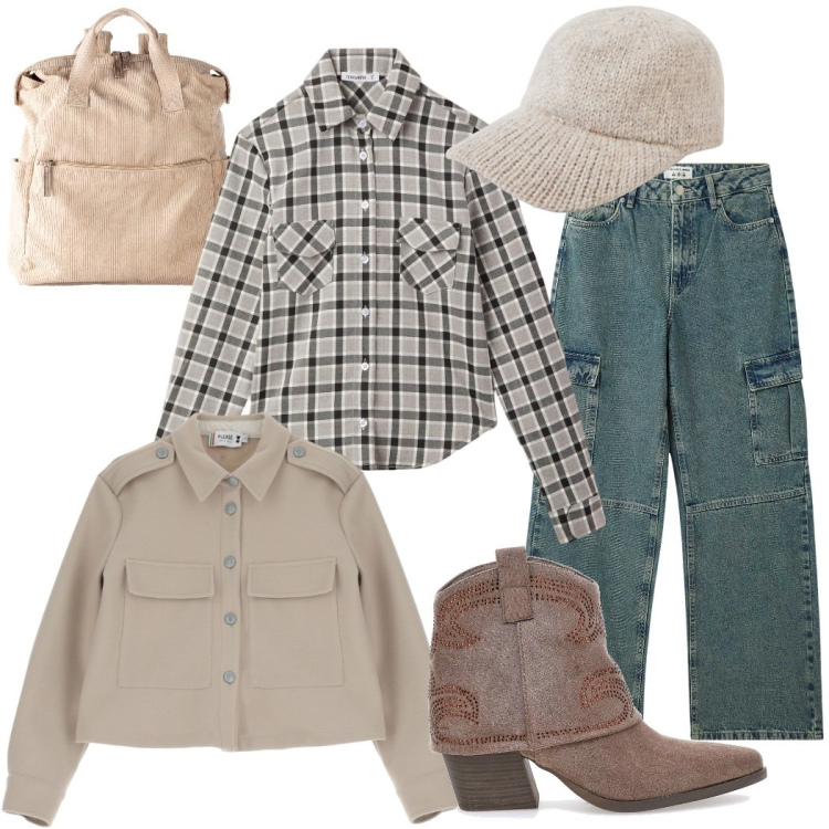 Outfit donna - Total look #2058337. Stile Mannish per Scuola/Università. Abbinamento con zaini, jeans, cappelli, camicie, blazer, stivaletti texani.