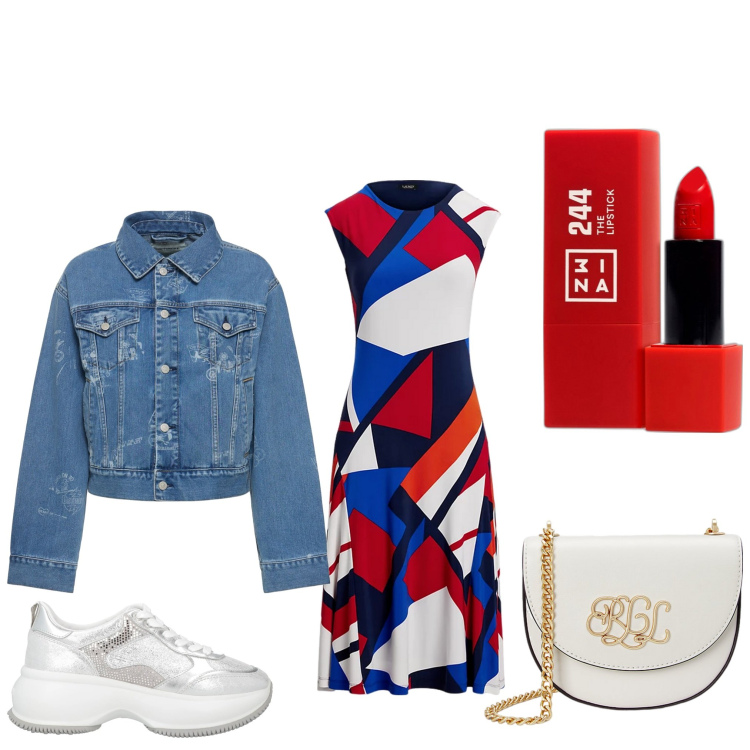 Outfit donna - Un tubino casual. Stile Sporty chic per Serata fuori. Abbinamento con sneakers, rossetti, borse a tracolla, vestiti, blazer.