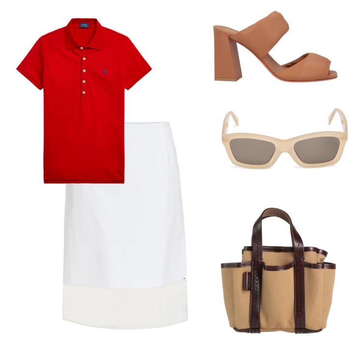 Outfit donna - Nuovo casual. Stile Casual chic per Ufficio. Abbinamento con sandali in pelle, borse a mano, gonne longuette, polo, occhiali da sole.