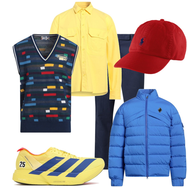 Outfit uomo - Bande blu. Stile Urban per Tutti i giorni. Abbinamento con piumini, pullovers, camicie, cappelli, pantaloni chino, sneakers.
