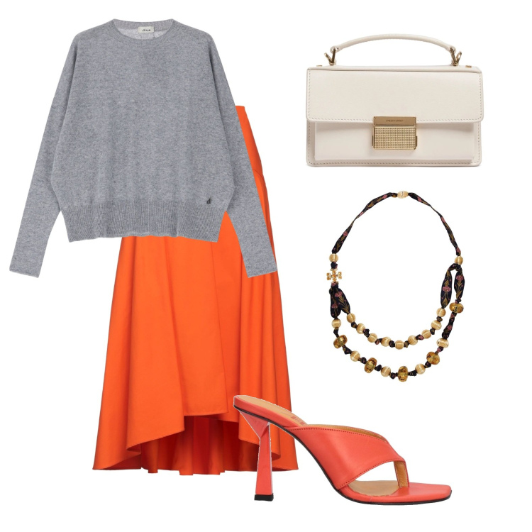Outfit donna - Arancio e grigio. Stile Casual chic per Scuola/Università. Abbinamento con ciabatte, collane, gonne longuette, pullovers, borse a mano.