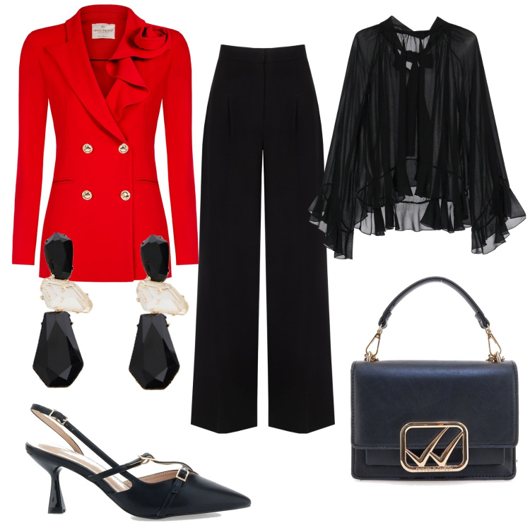 Outfit donna - Il blazer rosso. Stile Chic per Serata fuori. Abbinamento con blazer, pantaloni a palazzo, camicie, orecchini, décolleté, borse a tracolla.