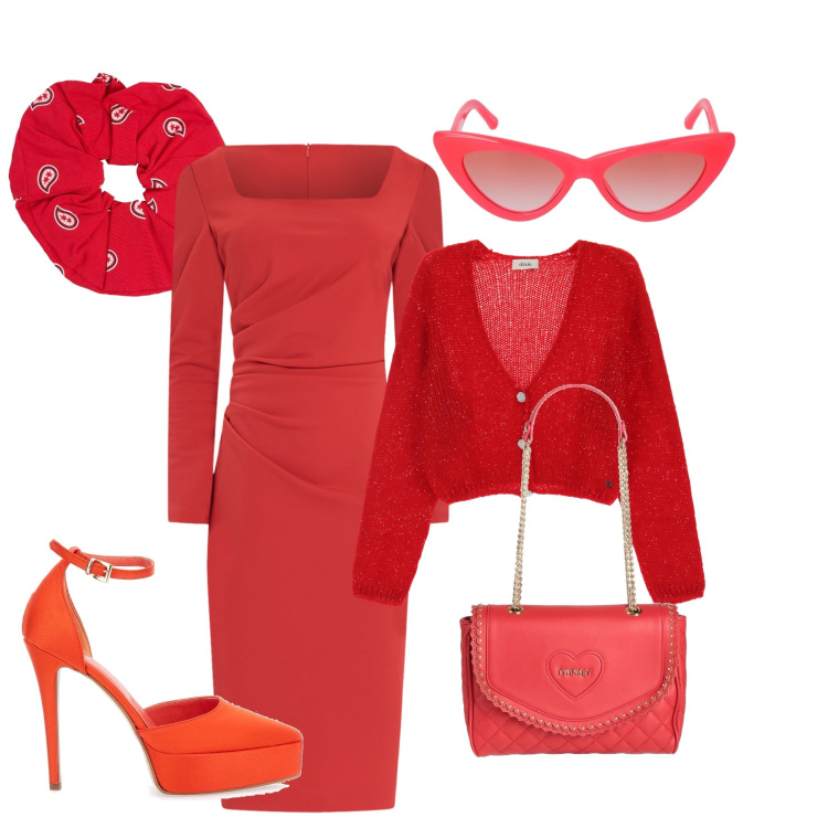 Outfit donna - Rosso fuoco. per Serata fuori. Abbinamento con borse a mano, vestiti a tubino, cardigans, décolleté, occhiali da sole, accessori per capelli.