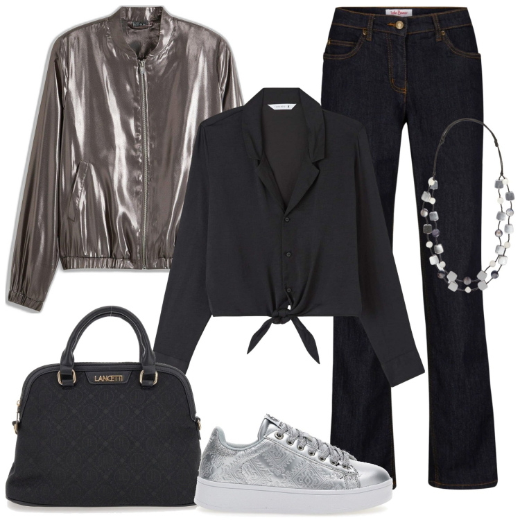 Outfit donna - Dettagli argentati. Stile Casual chic per Tutti i giorni. Abbinamento con jeans dritti, bomber, camicie, borse a spalla, sneakers, collane.