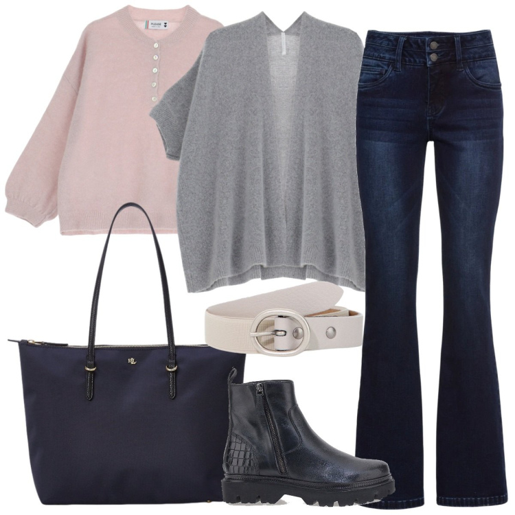 Outfit donna - Total look #2058368. Stile Basic per Tutti i giorni. Abbinamento con jeans bootcut, maglieria, cardigans, cinture, borse tote, stivaletti.