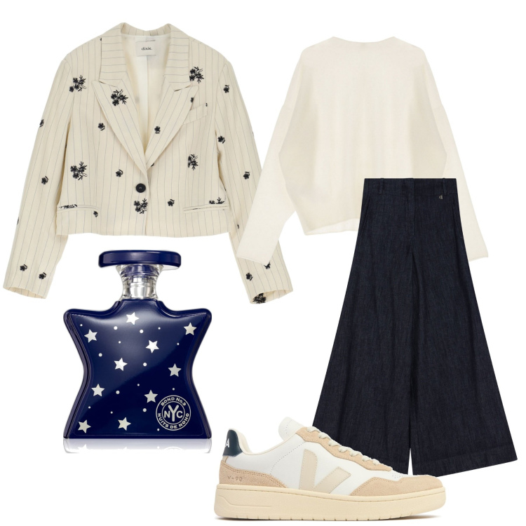 Outfit donna - Downtown. Stile Urban per Tutti i giorni. Abbinamento con profumi, blazer, jeans, pullovers, sneakers.