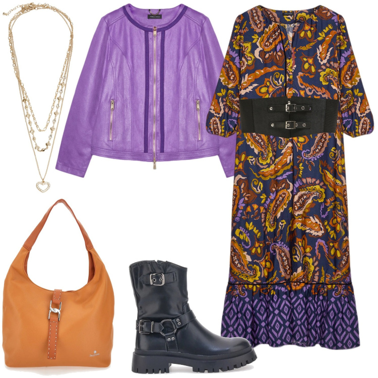 Outfit donna - Biker boho. Stile Boho per Tutti i giorni. Abbinamento con cinture, collane, stivaletti, vestiti lunghi, blazer, borse a spalla.