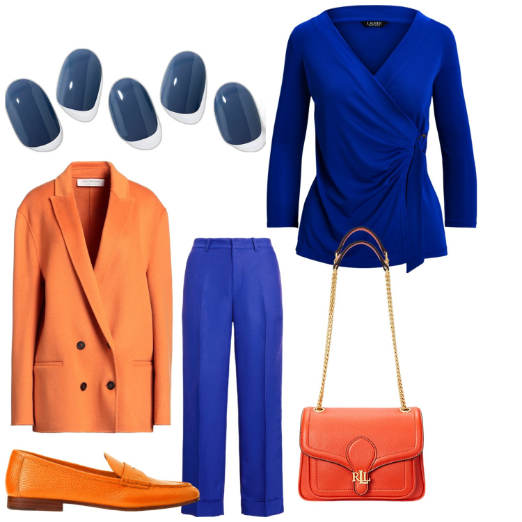 Outfit donna - Arancioblu. Stile Casual chic per Serata fuori. Abbinamento con cappotti, smalti, maglieria, pantaloni, borse a spalla, mocassini.