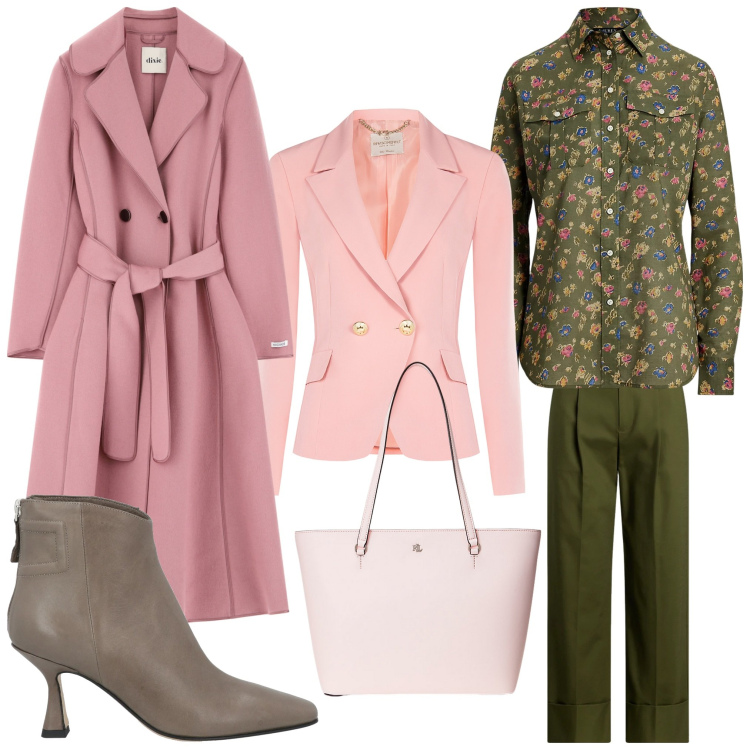 Outfit donna - Fiori a febbraio. Stile Chic per Ufficio. Abbinamento con stivaletti, cappotti, blazer, borse tote, camicie, pantaloni.