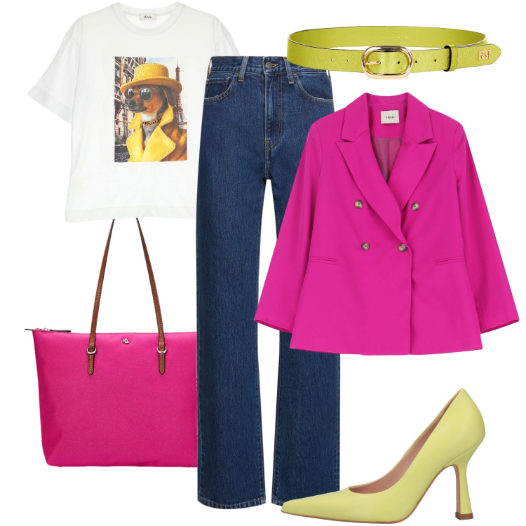 Outfit donna - Colore in città - @pamela. Stile Urban per Tutti i giorni. Abbinamento con décolleté, t-shirt, blazer, cinture, borse tote, jeans dritti.