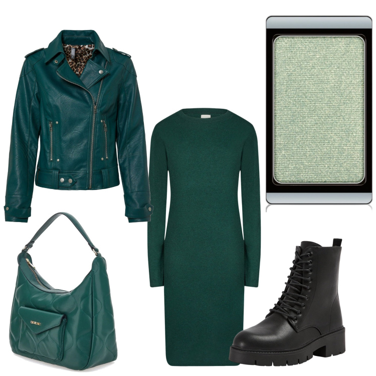 Outfit donna - Verde rock. Stile Rock per Ufficio. Abbinamento con blazer, ombretti, anfibi, vestiti midi/longuette, borse a spalla.