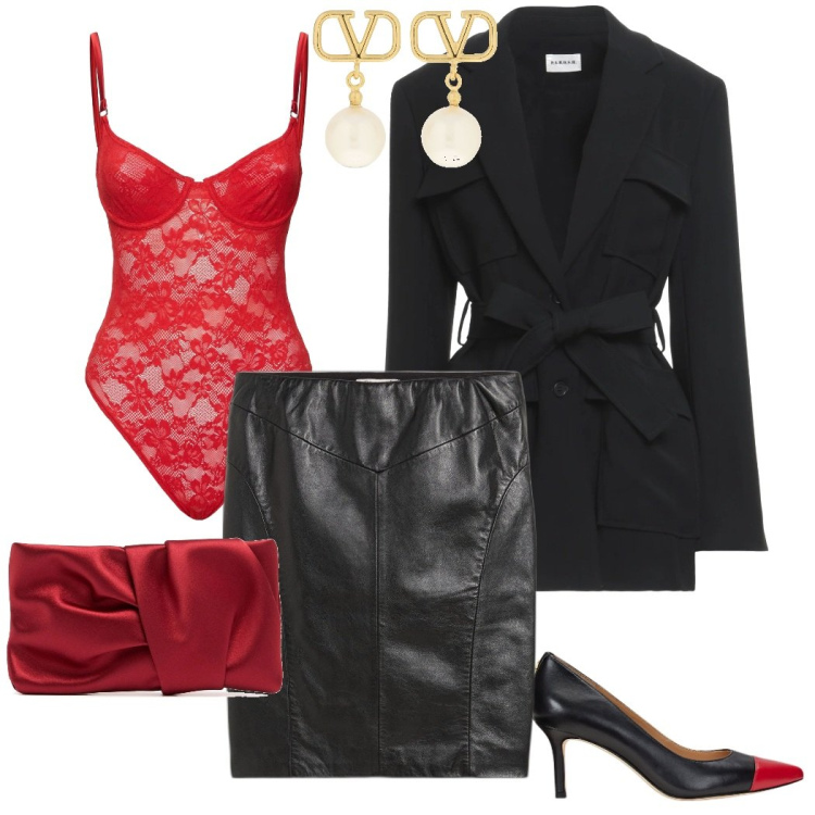Outfit donna - Cuore batti cuore. Stile Glamour per Tutti i giorni. Abbinamento con gonne, blazer, décolleté, pochette, orecchini, body.