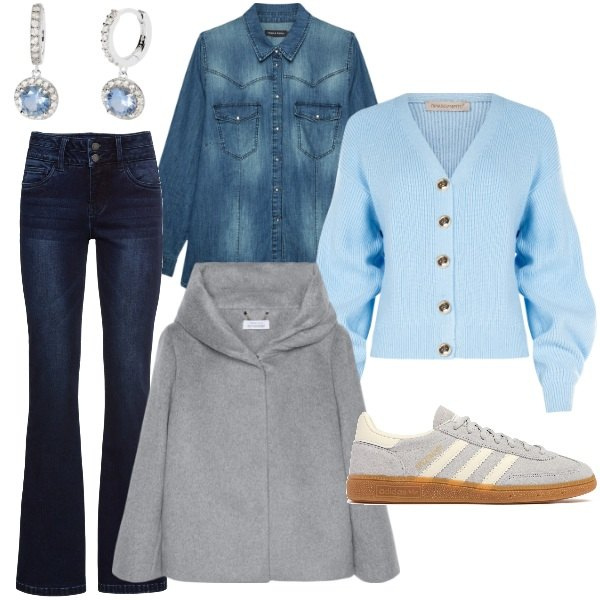 Outfit donna - Total look #2058403. Stile Basic per Tutti i giorni. Abbinamento con jeans bootcut, orecchini, cardigans, cappe, sneakers, camicie.