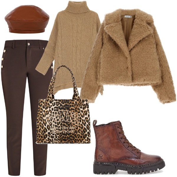 Outfit donna - Particolari leopardati. Stile Casual per Tutti i giorni. Abbinamento con blazer, maglieria, cappelli e berretti, pantaloni skinny, anfibi, shopping bag.