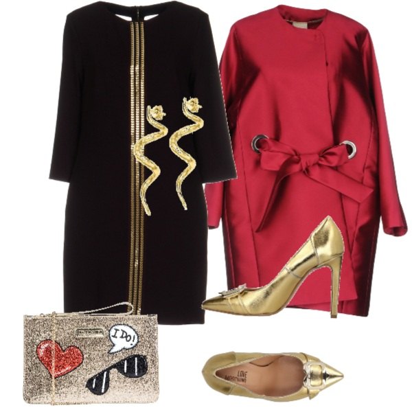 Outfit donna - Natale si avvicina. Stile Chic per Cerimonia. Abbinamento con vestito corto a trapezio collo tondo a maniche lunghe con zip interno foderato crêpe, soprabito crêpe, borsa a mano fantasia multicolore effetto laminato taglia media con zip interno foderato in pelle sintetica con tracolla removibile, décolleté effetto laminato a punta in pelle sintetica tinta unita, orecchini farfallina.