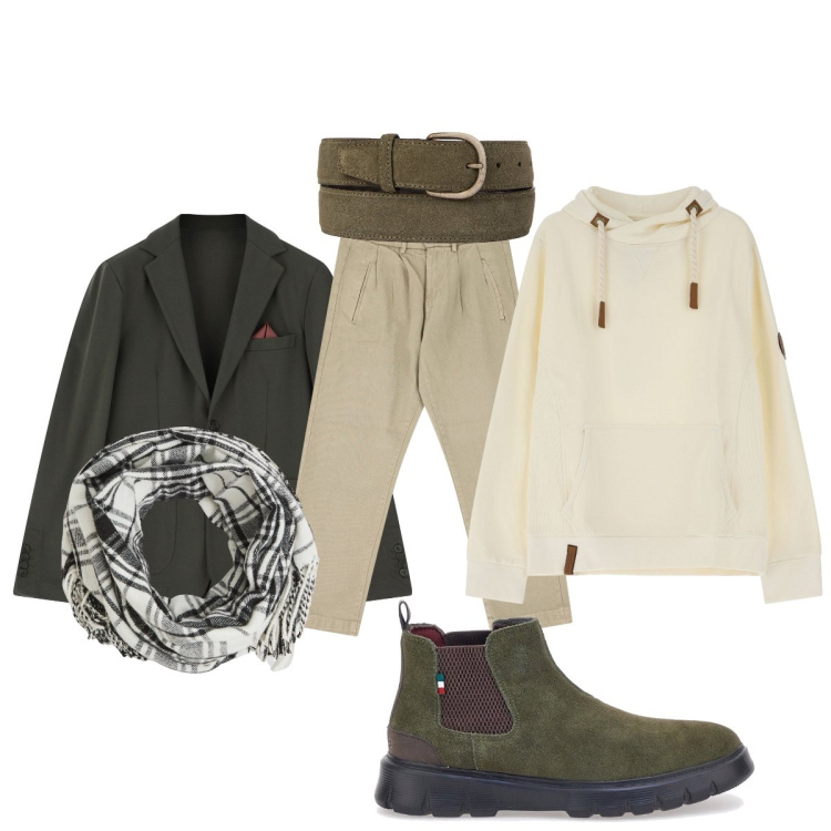 Outfit uomo - Casual chic. Stile Casual per Tutti i giorni. Abbinamento con sciarpe, pantaloni, felpe con cappuccio, giacche, stivali e stivaletti, cinture.