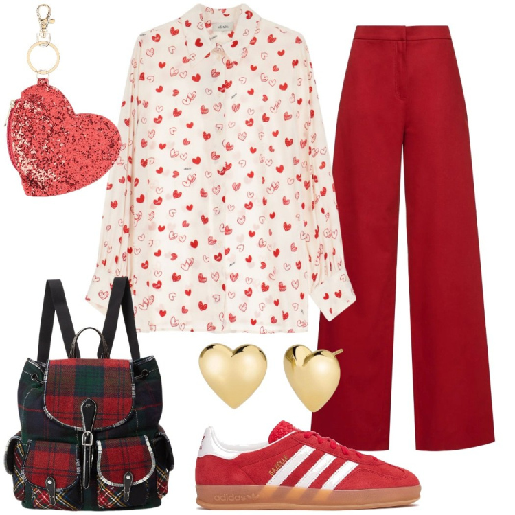 Outfit donna - Dichiarazione d\'amore. Stile Romantica per Scuola/Università. Abbinamento con portachiavi, orecchini, camicie, zaini, pantaloni, sneakers.