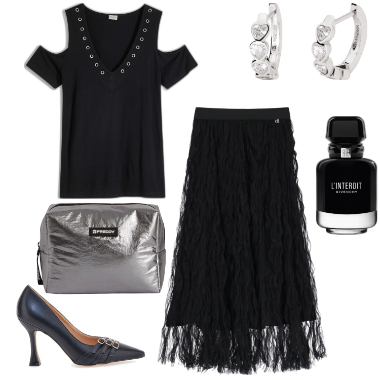 Outfit donna - Profumatissima. Stile Glamour per Serata fuori. Abbinamento con maglieria, profumi, orecchini, valigie, gonne lunghe, décolleté.
