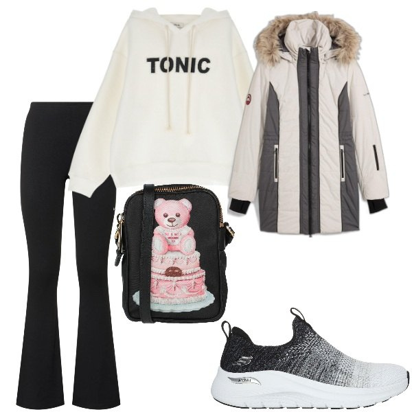 Outfit donna - Passeggiando per la città. Stile Basic per Tutti i giorni. Abbinamento con piumini, borse a tracolla, felpe con cappuccio, sneakers, pantaloni.