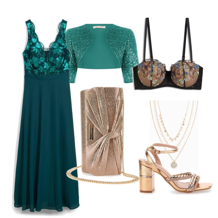 Outfit donna - Serata in verde brillante. Stile Chic per Serata fuori. Abbinamento con collane, reggiseni a balconcino, vestiti lunghi, bolero, pochette, sandali col tacco.