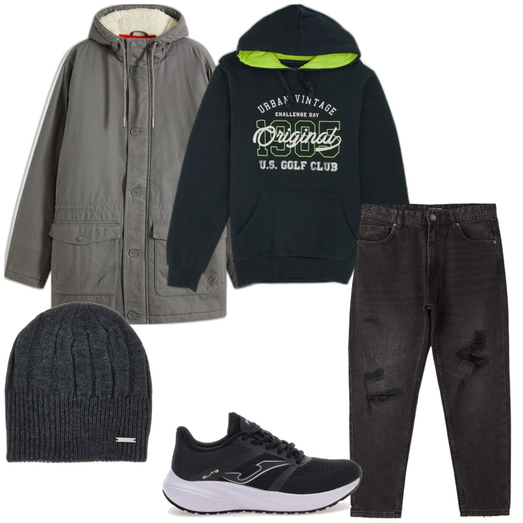 Outfit uomo - Teens. Stile Casual per Tutti i giorni. Abbinamento con parka, jeans strappati, berretti, sneakers, felpe con cappuccio.