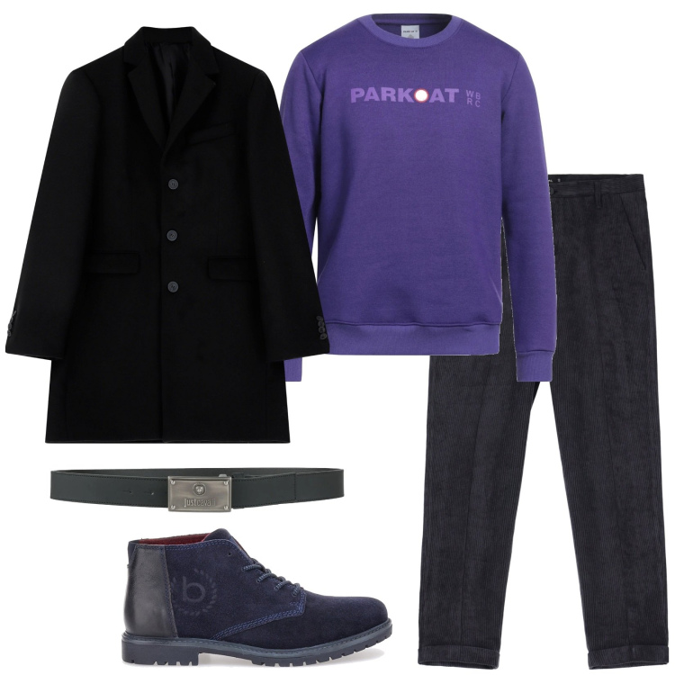 Outfit uomo - Purple pull. Stile Trendy per Tutti i giorni. Abbinamento con cinture, felpe, pantaloni, cappotti, scarpe stringate.