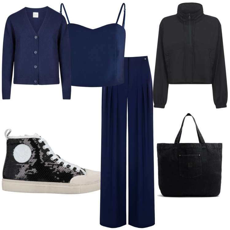 Outfit donna - Mia figlia esce cosi. per Serata fuori. Abbinamento con sneakers alte, pantaloni a palazzo, top, cardigans, shopping bag, blazer.