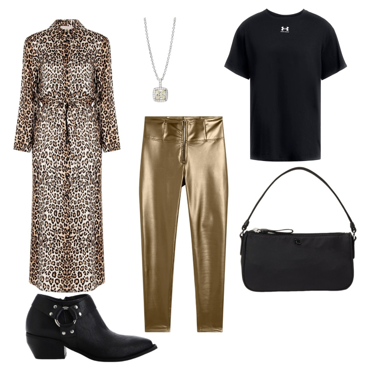 Outfit donna - Shopping in centro. Stile Sporty chic per Tutti i giorni. Abbinamento con collane, camicie, pantaloni skinny, stivaletti, pochette, t-shirt.