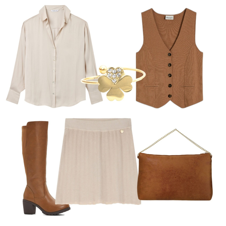 Outfit donna - Gli stivali alti. Stile Preppy per Tutti i giorni. Abbinamento con stivali, maglieria, camicie, minigonne, anelli, pochette.