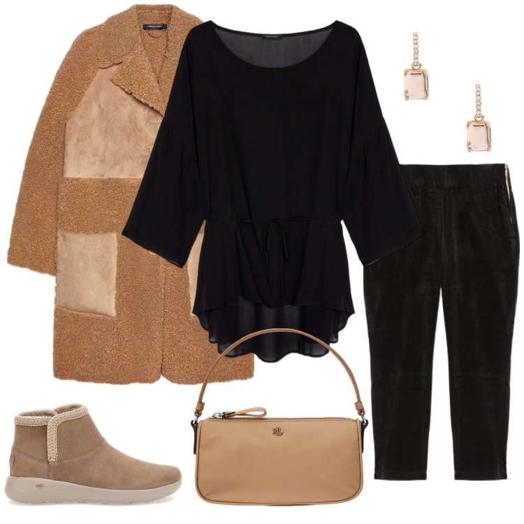 Outfit donna - Ecomontone beige. Stile Casual chic per Tutti i giorni. Abbinamento con pochette, orecchini, stivaletti, bluse, cappotti, jeggings.