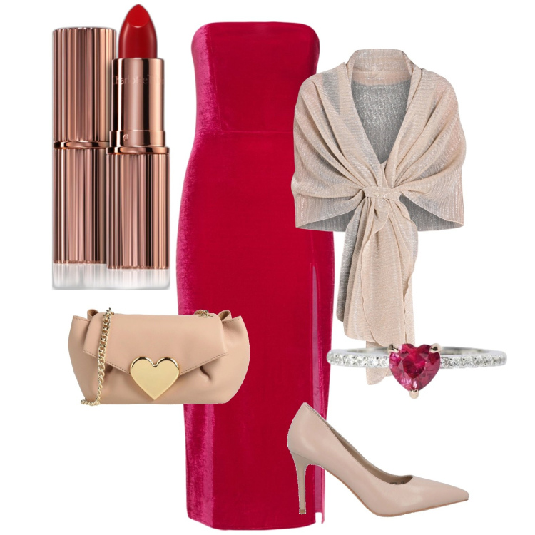 Outfit donna - Rosso Passione. Stile Chic per Cerimonia. Abbinamento con décolleté, borse a tracolla, rossetti, anelli, stole, vestiti midi/longuette.