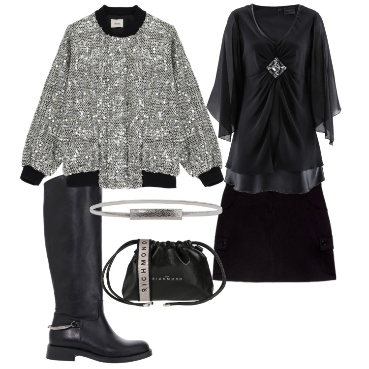 Outfit donna - Dettagli metallici. Stile Rock per Serata fuori. Abbinamento con tuniche, borse a tracolla, stivali, bomber, cinture, minigonne.