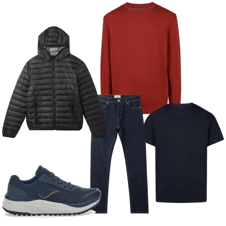 Outfit uomo - Semplice. Stile Casual per Tutti i giorni. Abbinamento con jeans skinny, piumini, maglieria, sneakers, t-shirt.