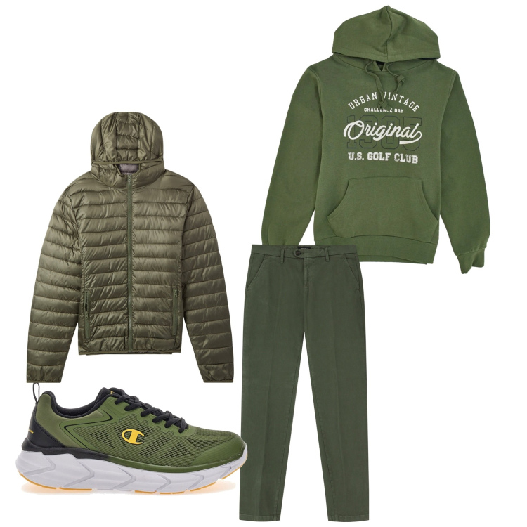 Outfit uomo - Semplicemente verde. Stile Casual per Tutti i giorni. Abbinamento con piumini, pantaloni chino, sneakers, felpe.