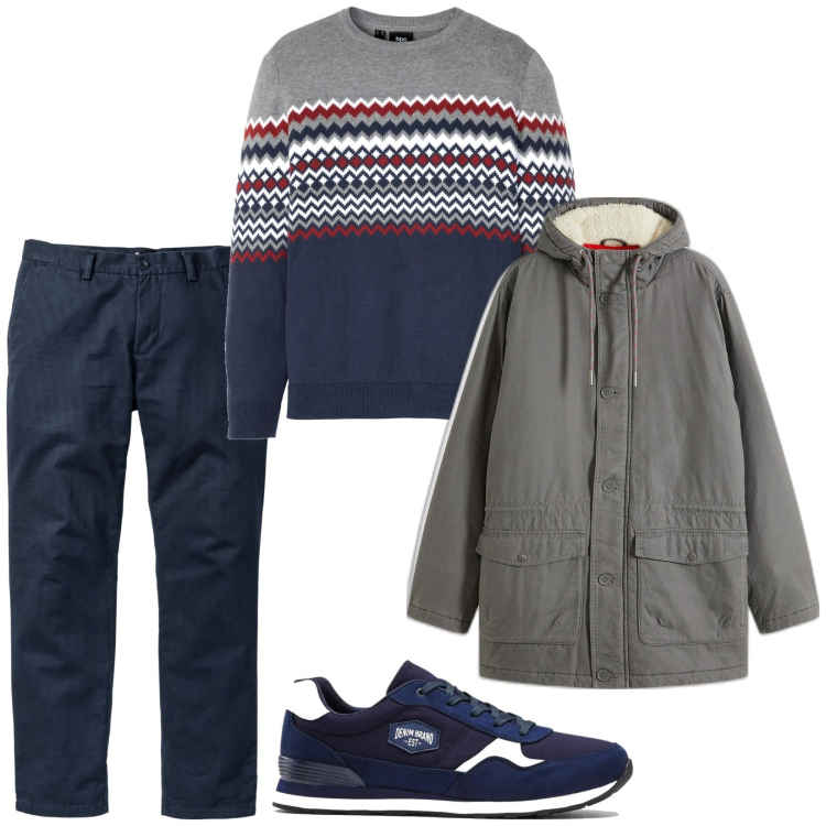 Outfit uomo - Fantasie geometriche. Stile Casual per Tutti i giorni. Abbinamento con pantaloni chino, sneakers, maglieria, parka.