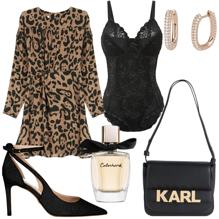Outfit donna - Abito con stampa animalier. Stile Trendy per Serata fuori. Abbinamento con body, borse a mano, profumi, orecchini, décolleté, vestiti corti.