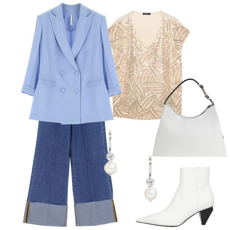 Outfit donna - T-shirt ricamata in paillettes. Stile Casual chic per Serata fuori. Abbinamento con stivaletti, borse a mano, blazer, jeans, orecchini, t-shirt.