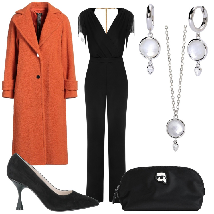 Outfit donna - Invitata ad una serata. Stile Chic per Serata fuori. Abbinamento con cappotti, décolleté, valigie, orecchini, collane, tute.