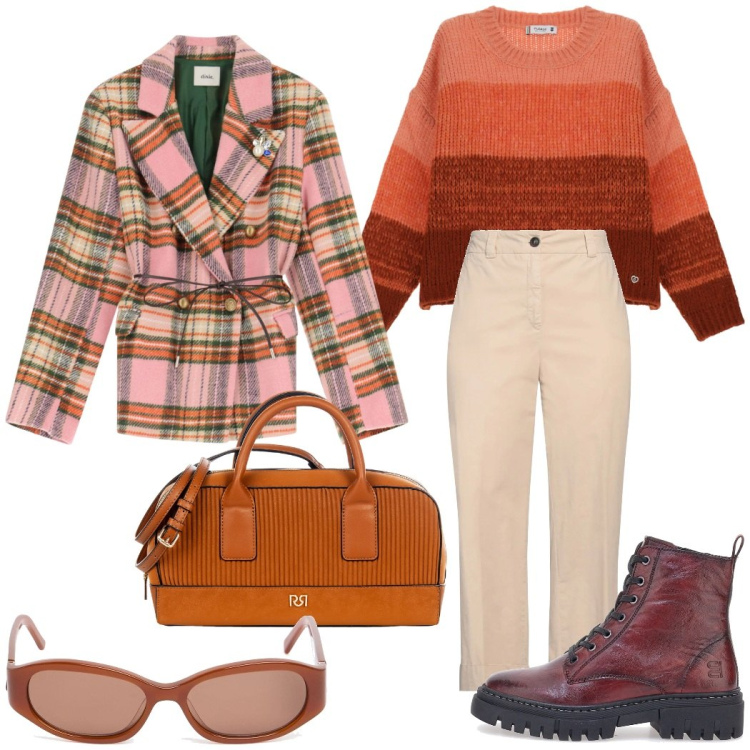 Outfit donna - Outfit multicolor. Stile Trendy per Tutti i giorni. Abbinamento con pantaloni, borse a mano, maglieria, blazer, anfibi, occhiali da sole.
