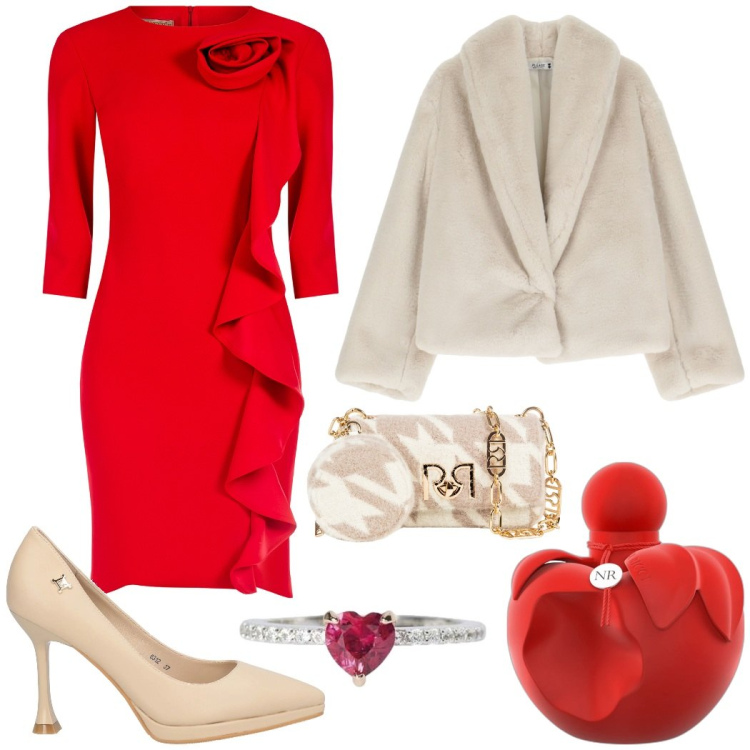Outfit donna - Rosso passione. Stile Glamour per Serata fuori. Abbinamento con décolleté, profumi, anelli, borse a tracolla, vestiti a tubino, ecopellicce.