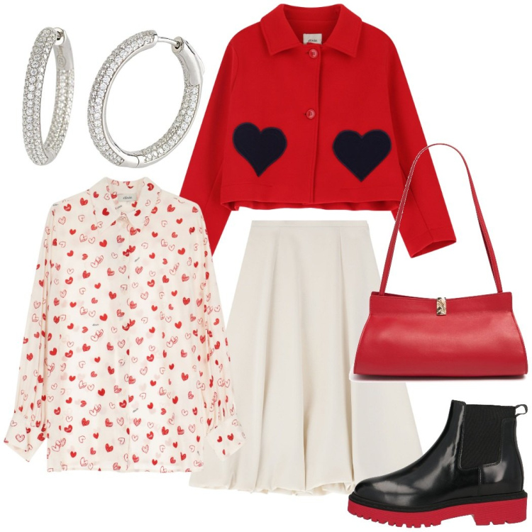 Outfit donna - Il potere del rosso. Stile Trendy per Serata fuori. Abbinamento con stivaletti chelsea, orecchini, gonne longuette, blazer, camicie, borse a spalla.