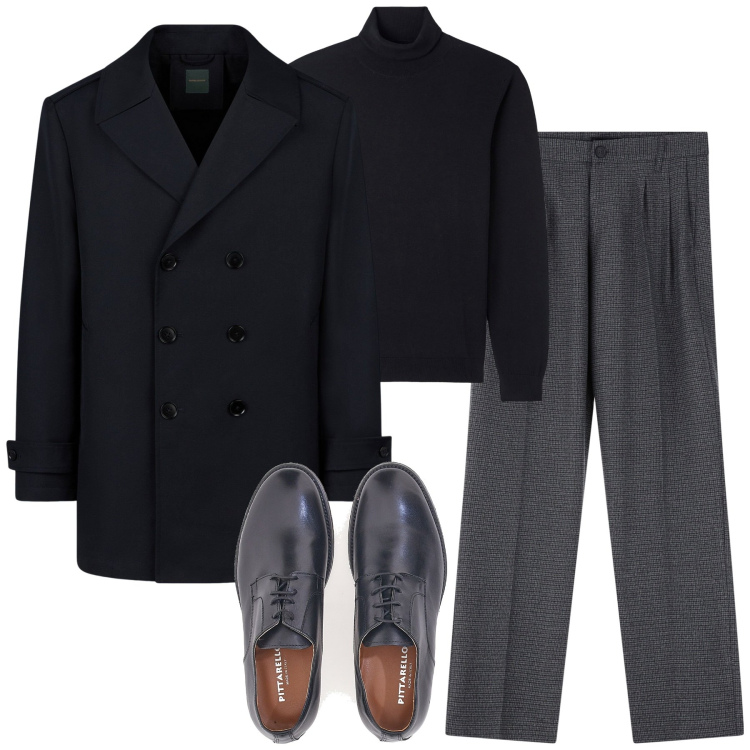 Outfit uomo - Total look #2058565. Stile Business/Elegante per Tutti i giorni. Abbinamento con maglieria, pantaloni, scarpe stringate, caban.