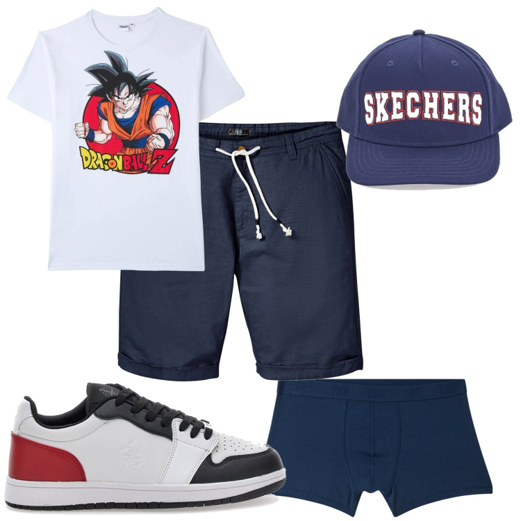 Outfit uomo - Ogni domenica esco. Stile Urban per Tutti i giorni. Abbinamento con bermuda, t-shirt, boxer, cappelli, sneakers.